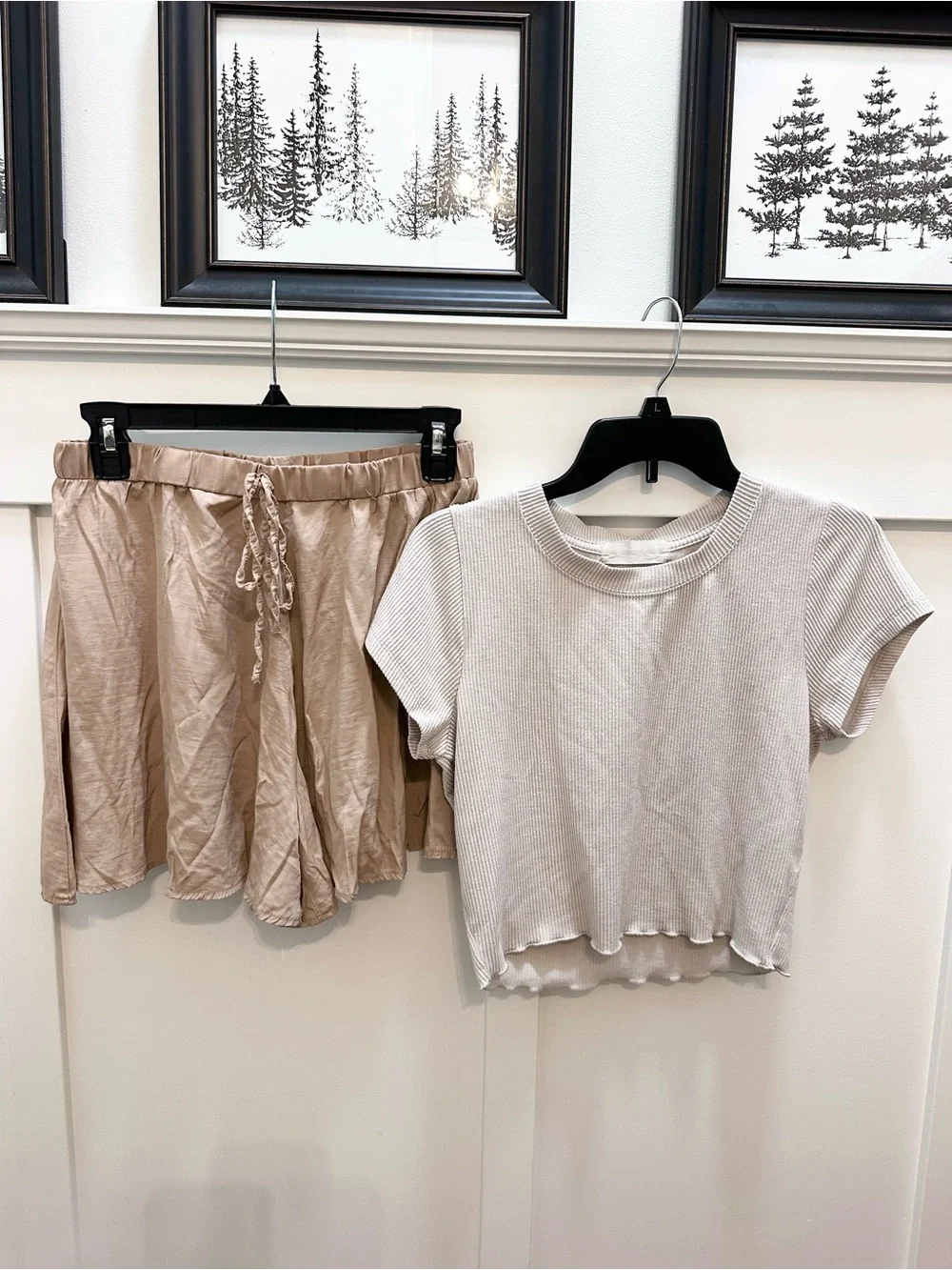 Neutral Ribbed Top & Drawstring Shorts Skort Outfit set Khaki Beige Tan Mediium